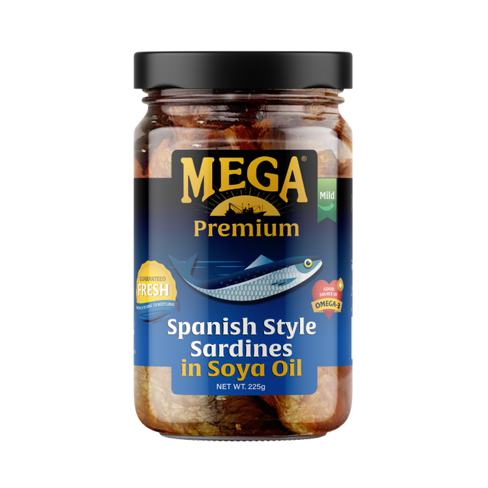 Mega Sardines Spanish Style in Soya Oil Bottled 225g