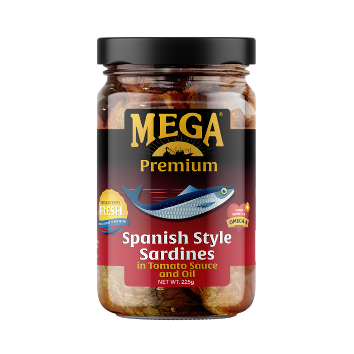 Mega Sardines Spanish Style in Tomato Sauce and Oil Bottled 225g
