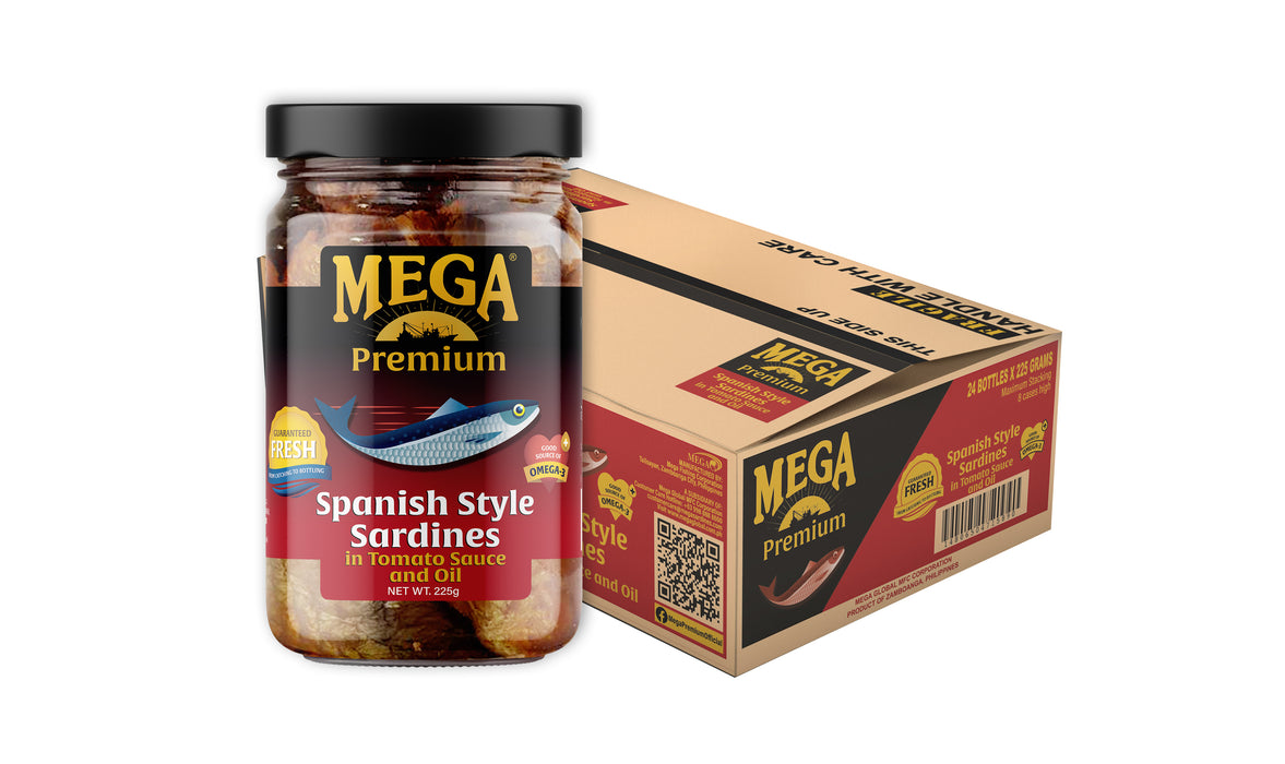 Mega Premium Sardines in Tomato Sauce and Oil Bottled 225g x 24